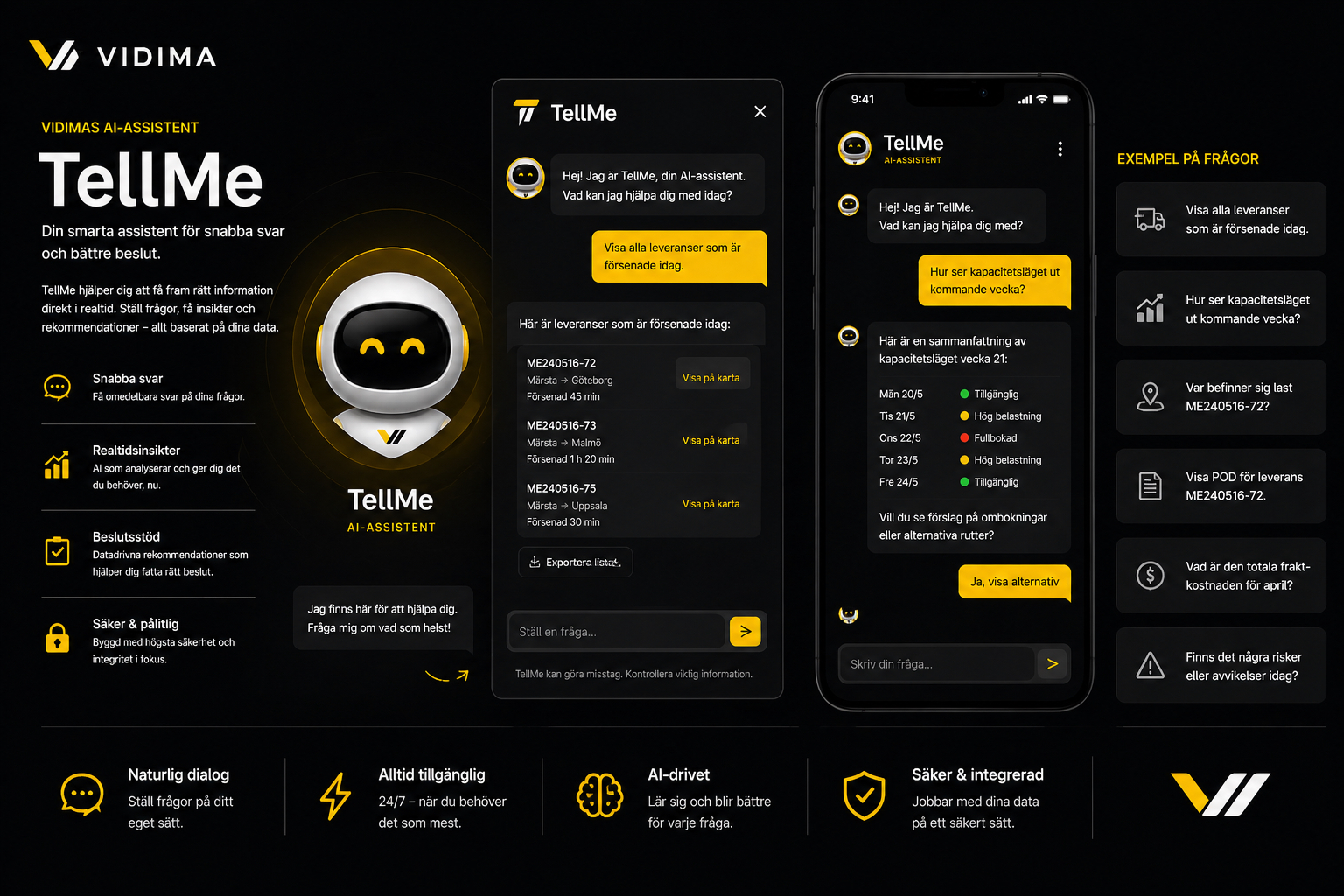 TellMe i webben och i mobilen, med exempelfrågor ur verksamheten.