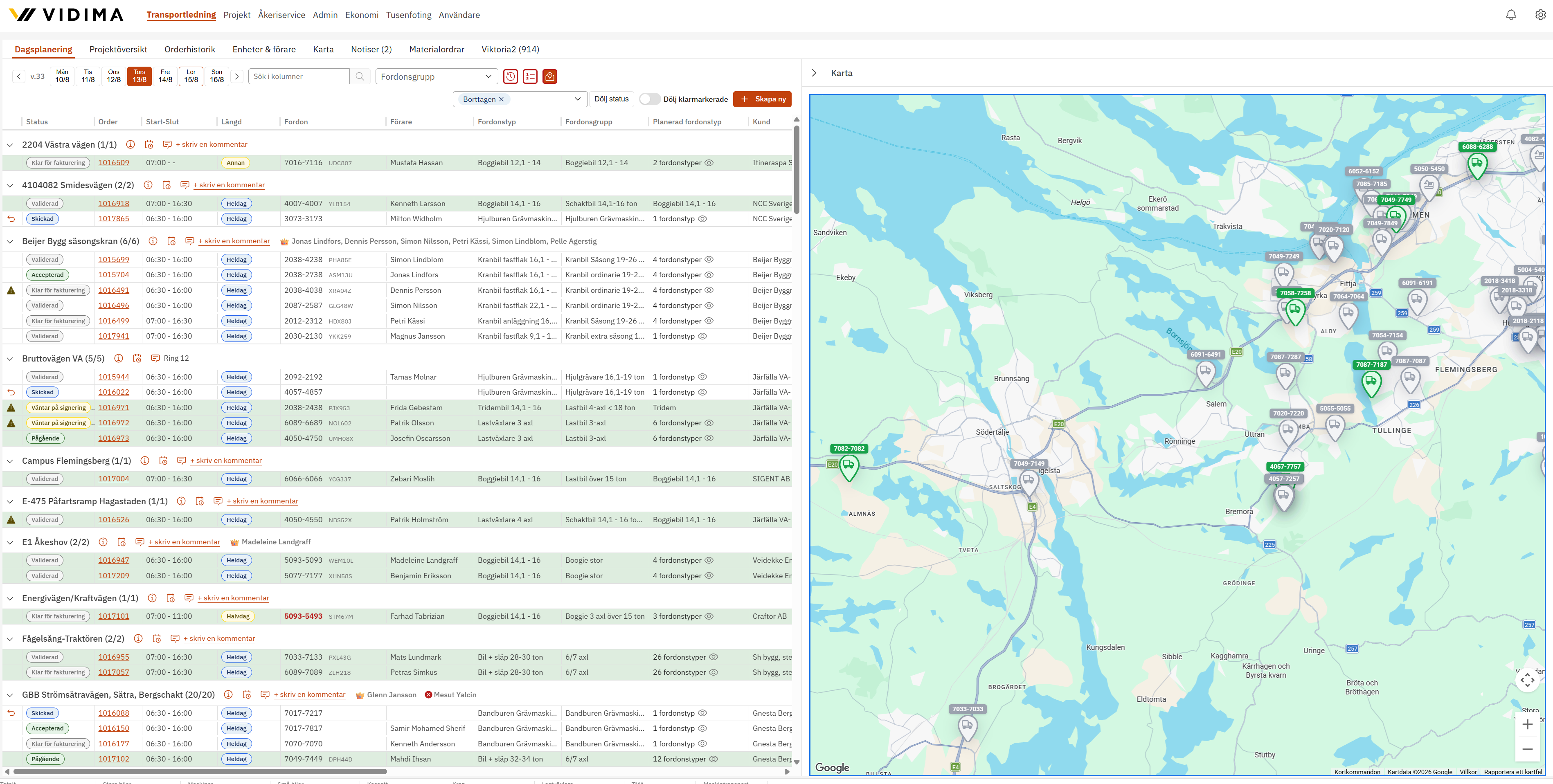 Livekarta med enheter, status och dagsplanering